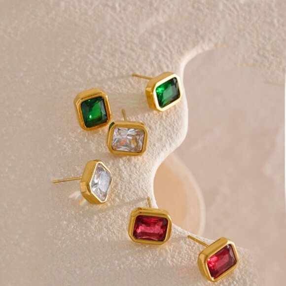 Square Geometric White Red Cubic Zirconia Stud Earrings Stainess Steel - Picture 1 of 3